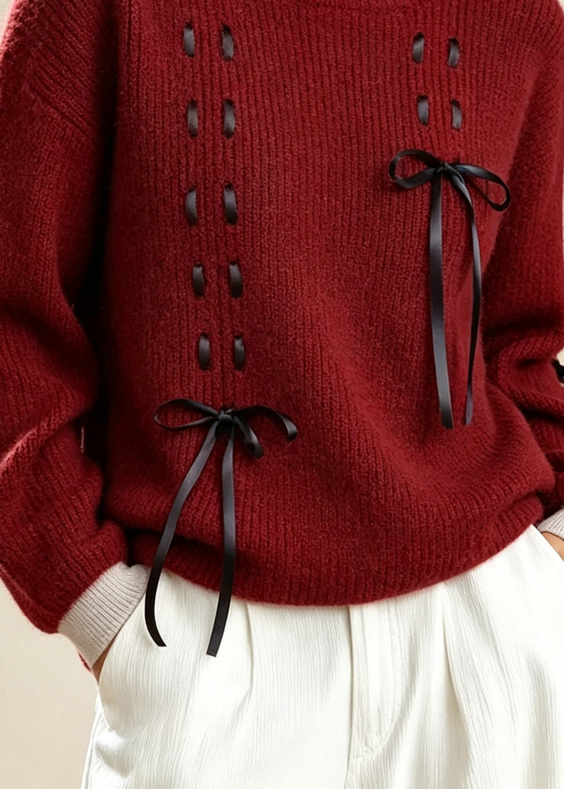 Classy Red O Neck Bow Lace Up Thick Knit Sweater Fall
