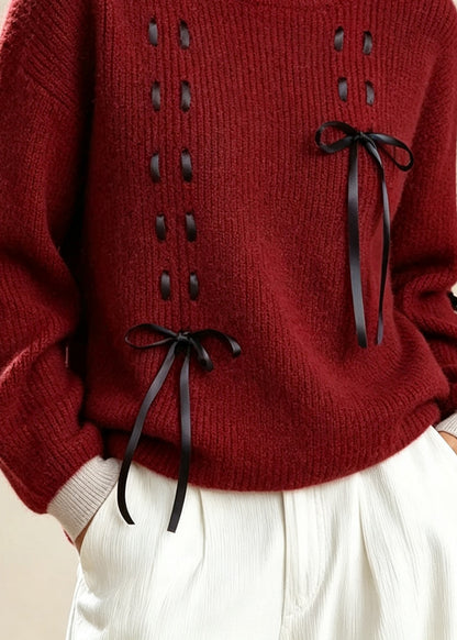 Classy Red O Neck Bow Lace Up Thick Knit Sweater Fall