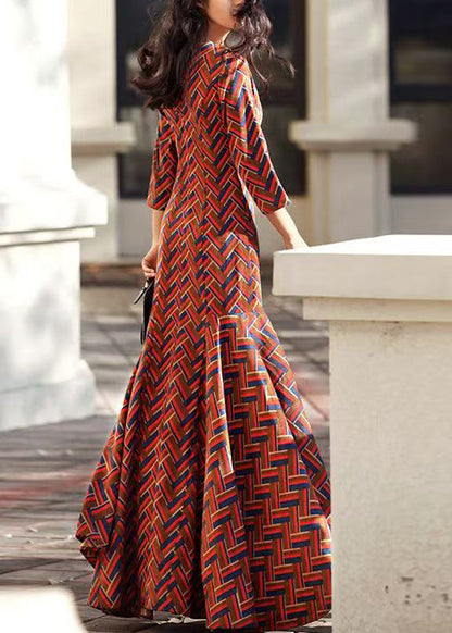 Classy Red O Neck Print Patchwork Corduroy Dress Fall