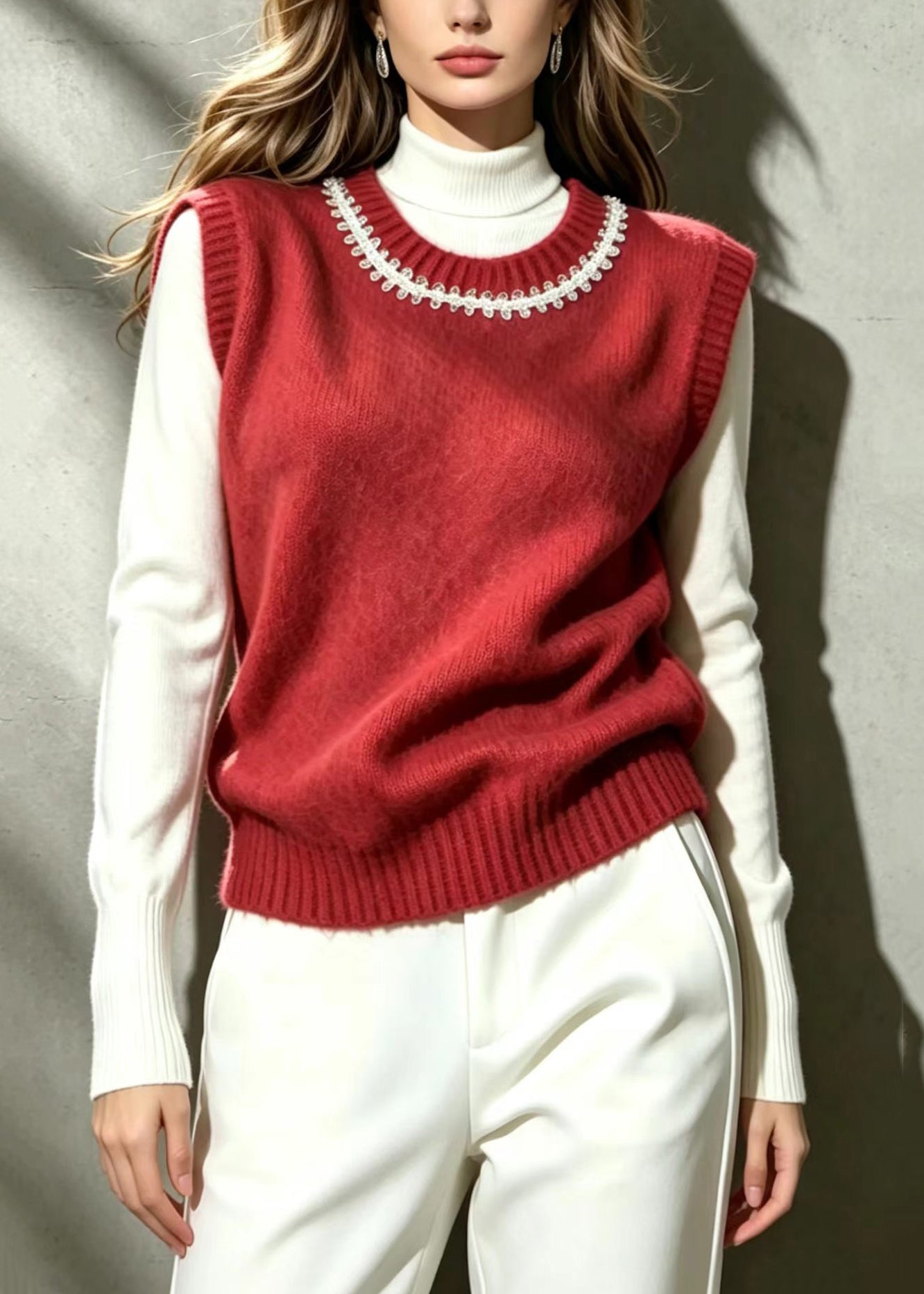 Classy Red O-Neck Sequins Knit Vest Sleeveless