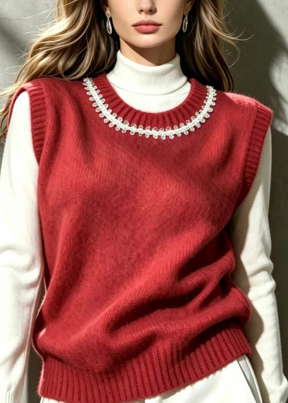 Classy Red O-Neck Sequins Knit Vest Sleeveless