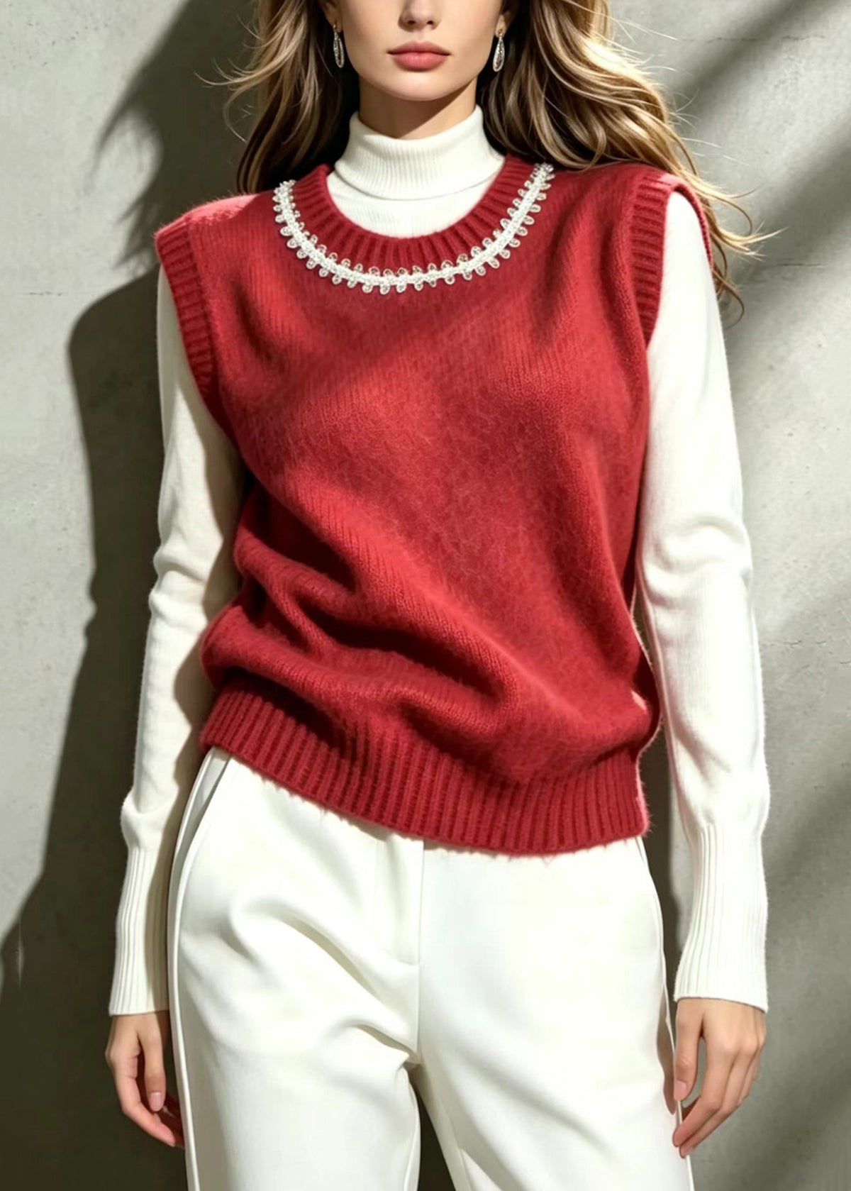 Classy Red O-Neck Sequins Knit Vest Sleeveless