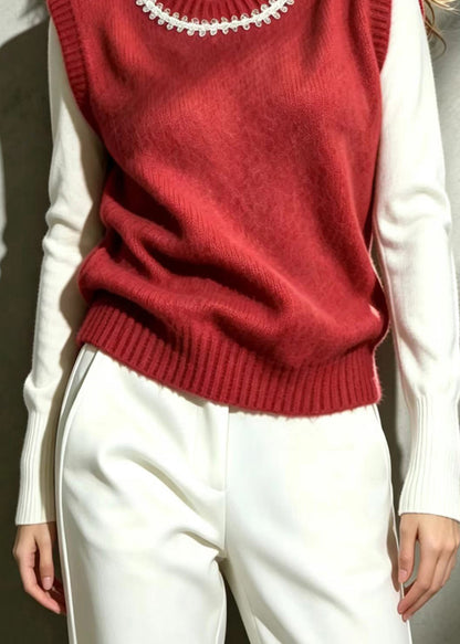 Classy Red O-Neck Sequins Knit Vest Sleeveless