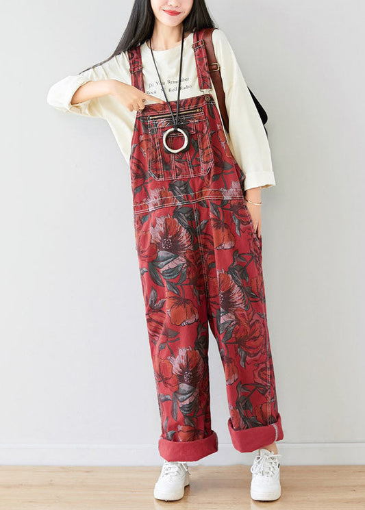 Classy Red Oversized Print Original Design Cotton Jumpsuit Spring