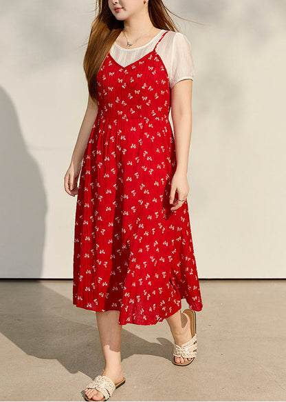 Classy Red Print Patchwork Chiffon Fake Two Piece Dresses Summer