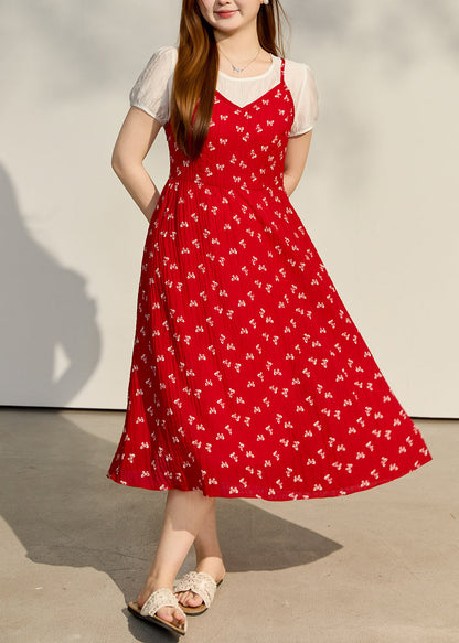 Classy Red Print Patchwork Chiffon Fake Two Piece Dresses Summer