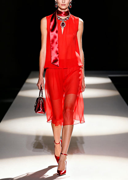 Classy Red Silm Fit Draping Chiffon Two Pieces Set Summer