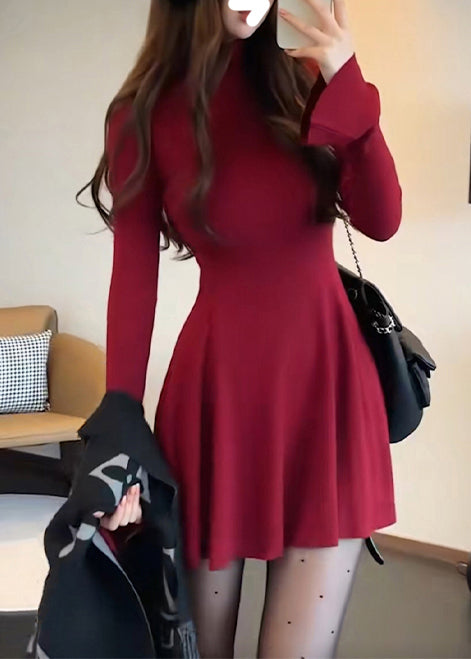 Classy Red Stand Collar Silm Fit Cotton Mid Dress Flare Sleeve