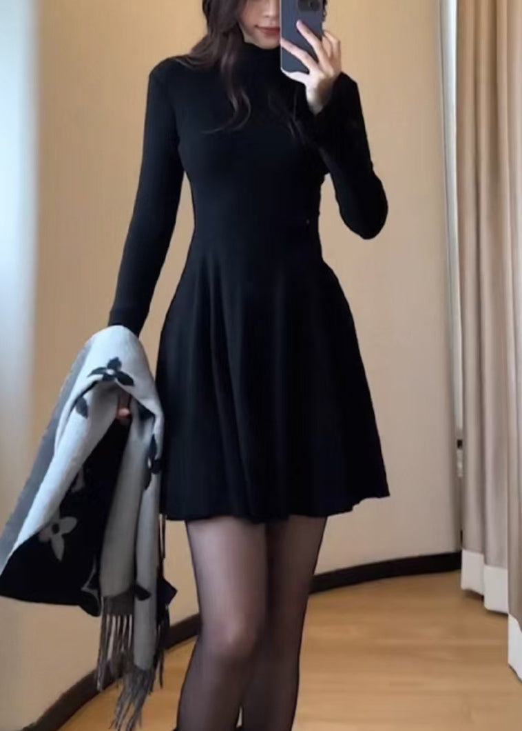 Classy Red Stand Collar Silm Fit Cotton Mid Dress Flare Sleeve