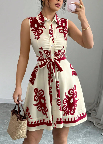 Classy Red Tie Waist Print Cotton Day Dress Summer