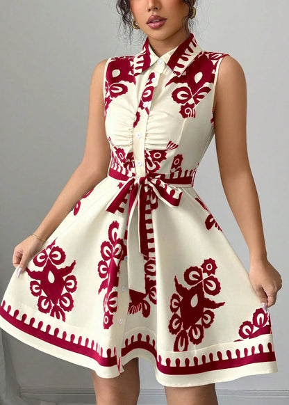 Classy Red Tie Waist Print Cotton Day Dress Summer