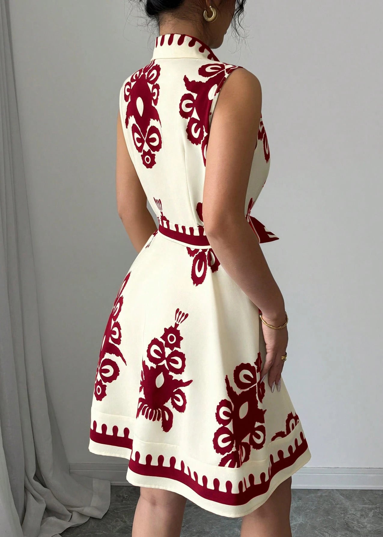 Classy Red Tie Waist Print Cotton Day Dress Summer