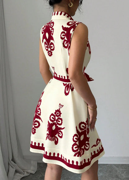 Classy Red Tie Waist Print Cotton Day Dress Summer