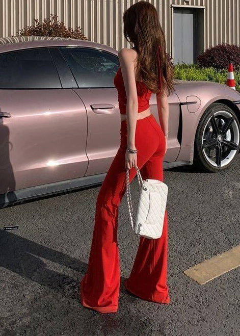Classy Red U Neck Wrinkled Cotton Women Sets 2 Pieces Summer