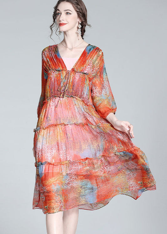 Classy Red V Neck Cinched Patchwork Ruffled Silk Dress Summer
