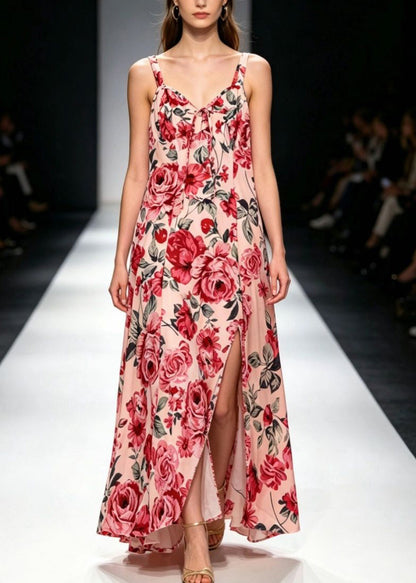 Classy Red V Neck Print Tie Waist Long Spaghetti Strap Dress Summer