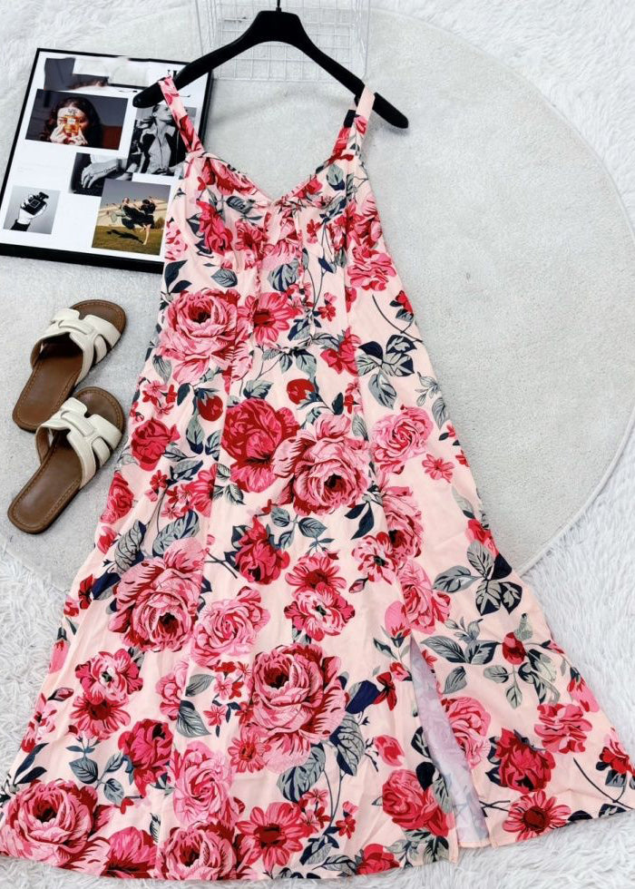 Classy Red V Neck Print Tie Waist Long Spaghetti Strap Dress Summer
