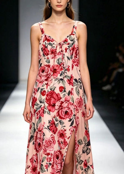 Classy Red V Neck Print Tie Waist Long Spaghetti Strap Dress Summer