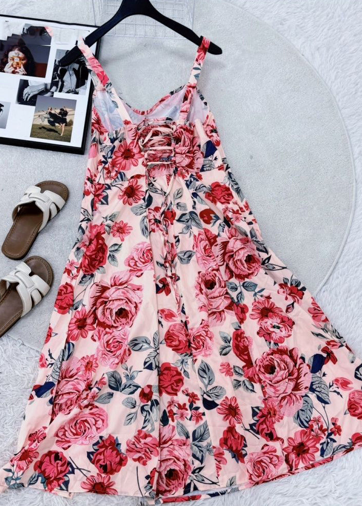 Classy Red V Neck Print Tie Waist Long Spaghetti Strap Dress Summer