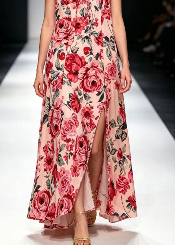 Classy Red V Neck Print Tie Waist Long Spaghetti Strap Dress Summer