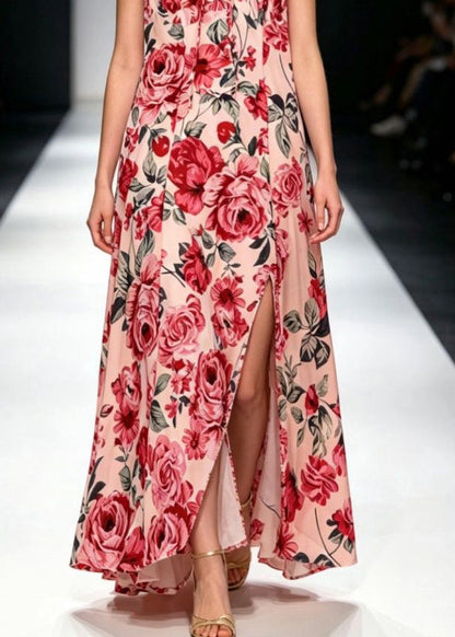 Classy Red V Neck Print Tie Waist Long Spaghetti Strap Dress Summer