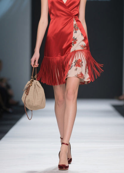 Classy Red V Neck Tassel Patchwork Silk Mid Dress Summer