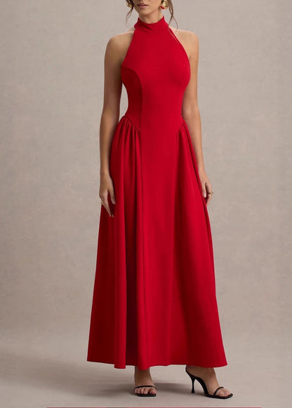 Classy Red Wrinkled Patchwork Cotton Maxi Dresses Sleeveless