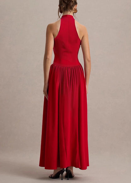 Classy Red Wrinkled Patchwork Cotton Maxi Dresses Sleeveless