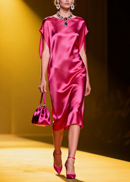 Classy Rose O Neck Plus Size Silk Dress Summer