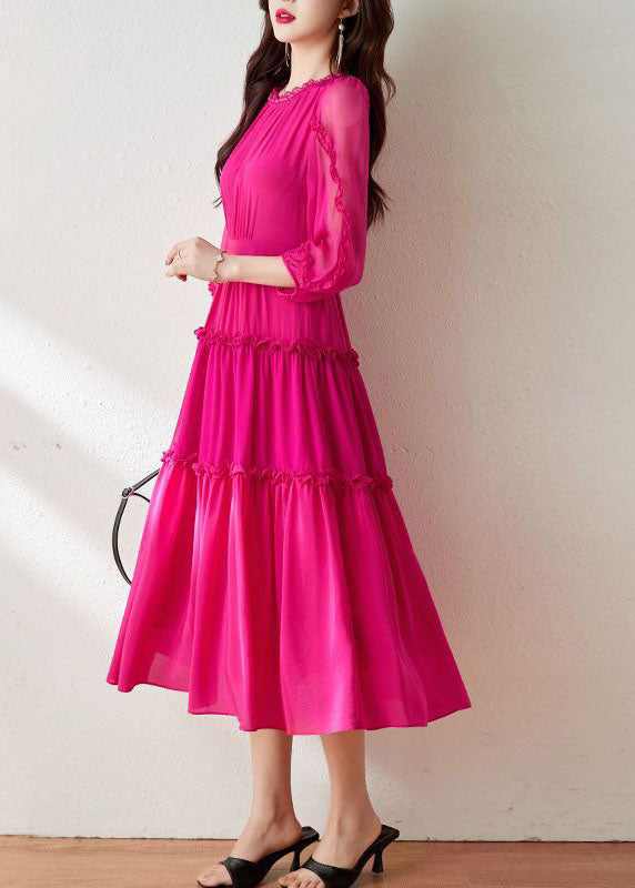 Classy Rose O Neck Ruffled Patchwork Silk Dress Bracelet Sleeve
