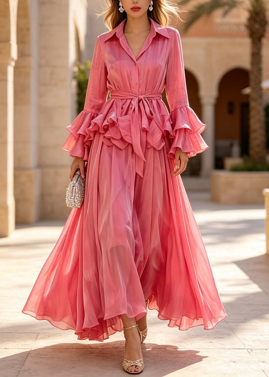 Classy Rose Peter Pan Collar Patchwork Silk Two Pieces Set Flare Sleeve
