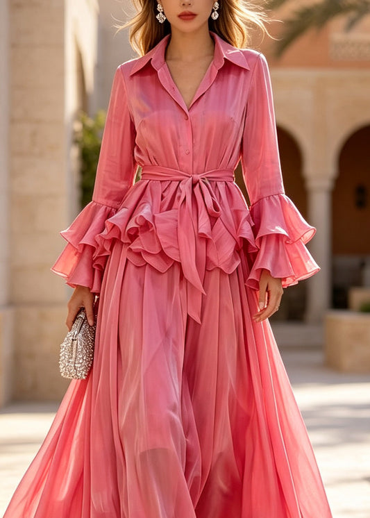 Classy Rose Peter Pan Collar Patchwork Silk Two Pieces Set Flare Sleeve