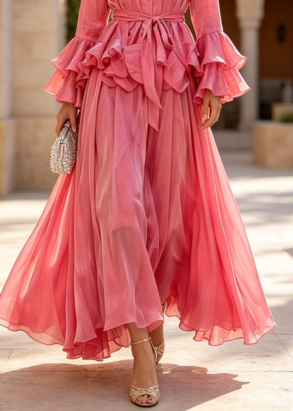 Classy Rose Peter Pan Collar Patchwork Silk Two Pieces Set Flare Sleeve