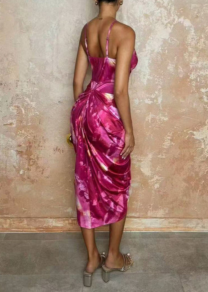 Classy Rose Print Slim Fit Wrinkled Silk Spaghetti Strap Dress Summer