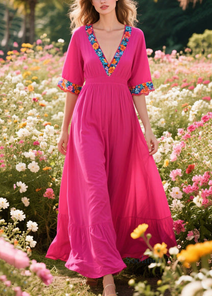 Classy Rose V Neck Patchwork Print Cotton Dresses Summer