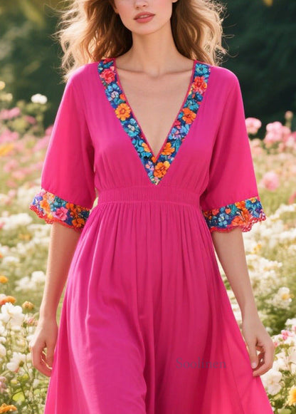 Classy Rose V Neck Patchwork Print Cotton Dresses Summer