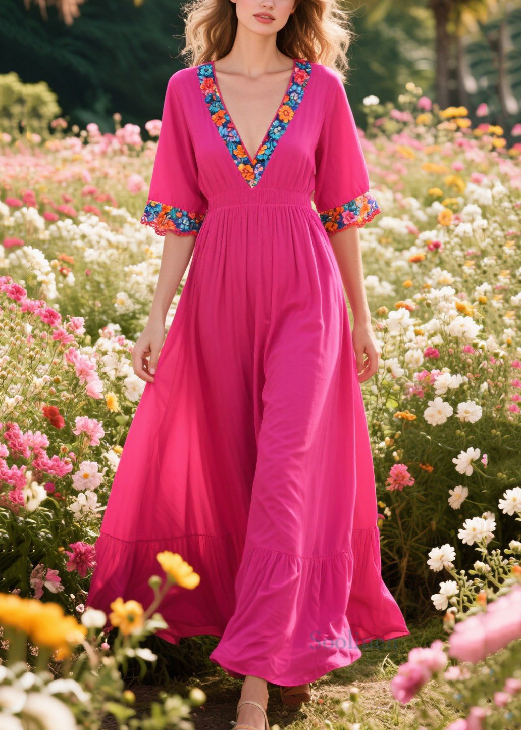 Classy Rose V Neck Patchwork Print Cotton Dresses Summer