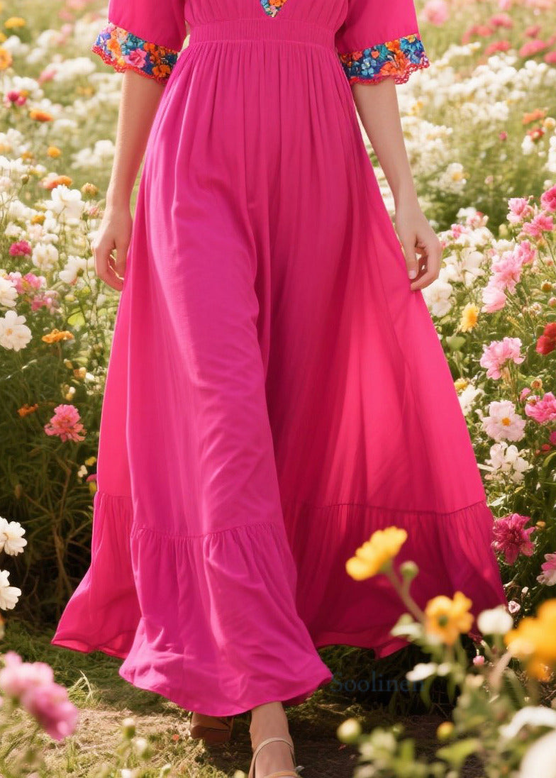 Classy Rose V Neck Patchwork Print Cotton Dresses Summer