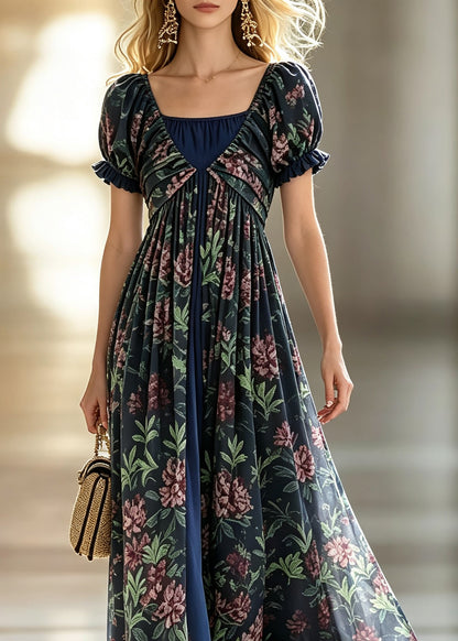 Classy Ruffled Print Flattering Long Dresses Short Sleeve