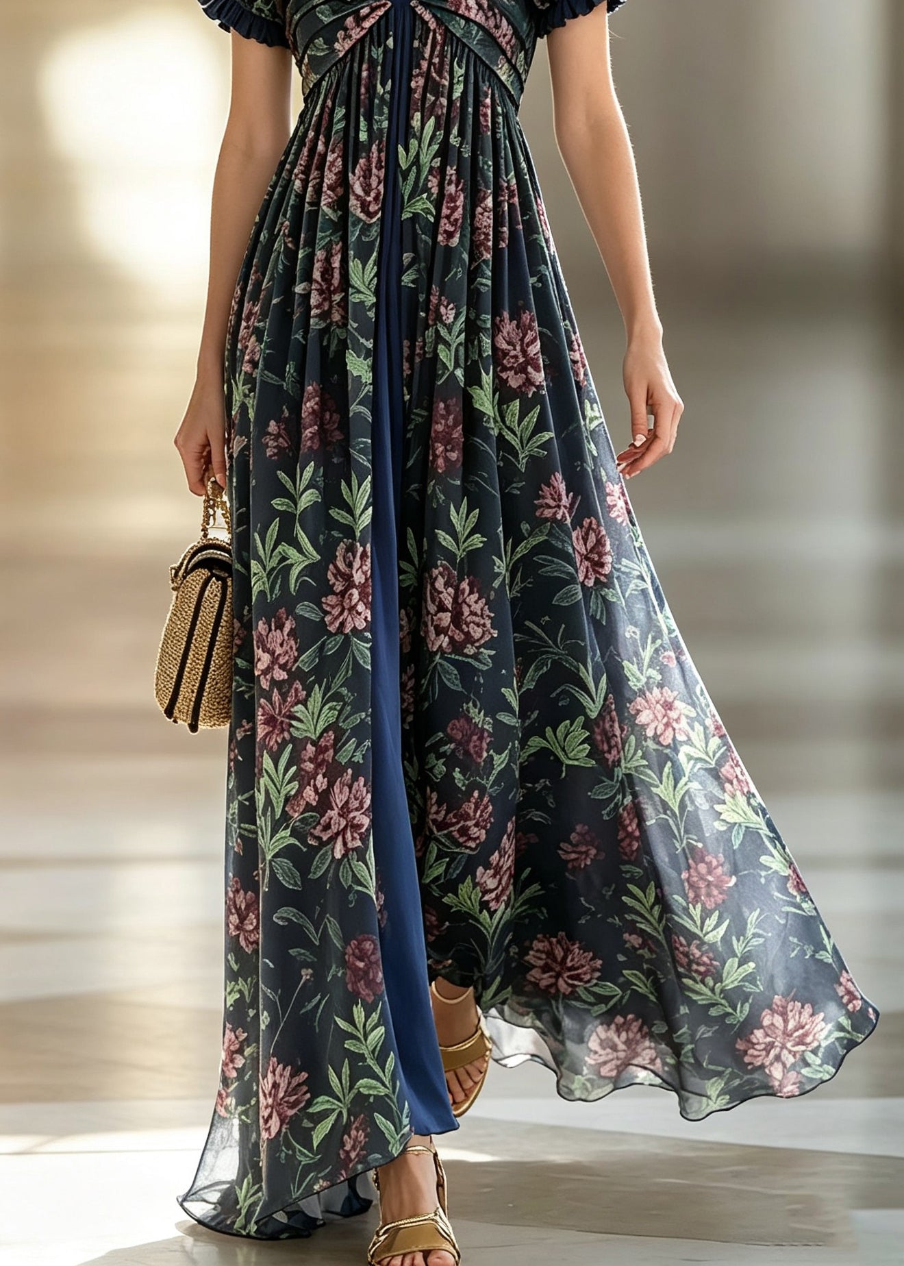 Classy Ruffled Print Flattering Long Dresses Short Sleeve
