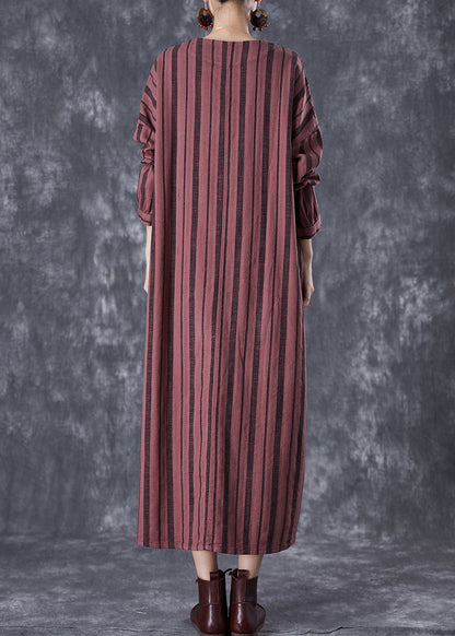 Classy Rust Red Embroideried Striped Linen Vacation Dresses Fall
