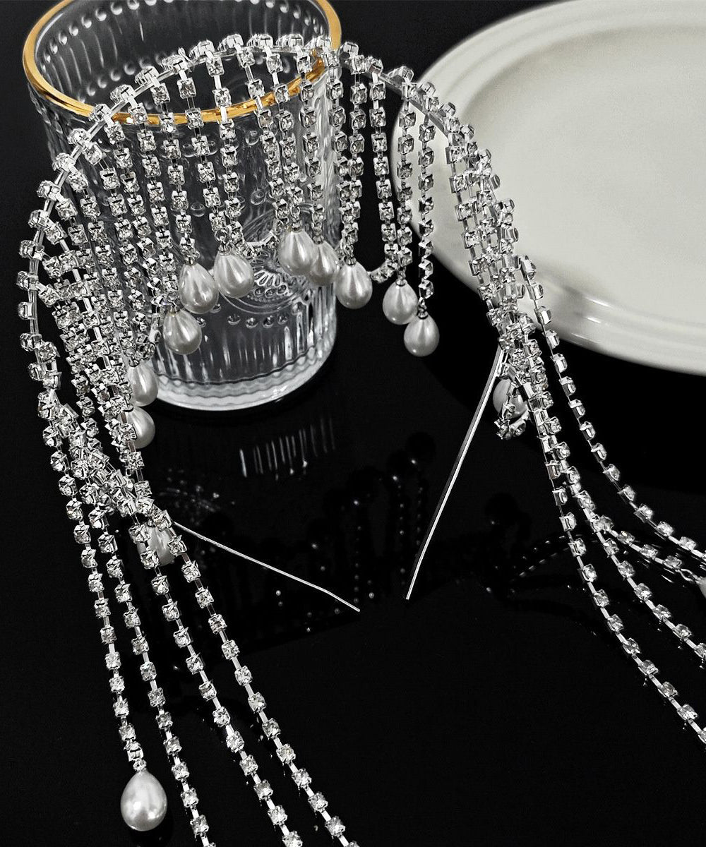 Classy Silk Alloy Zircon Pearl Tassel HairPiece
