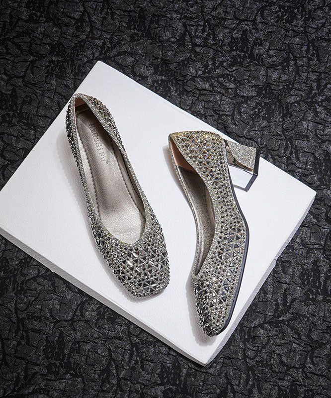 Classy Silver Zircon Chunky High Heels Faux Leather