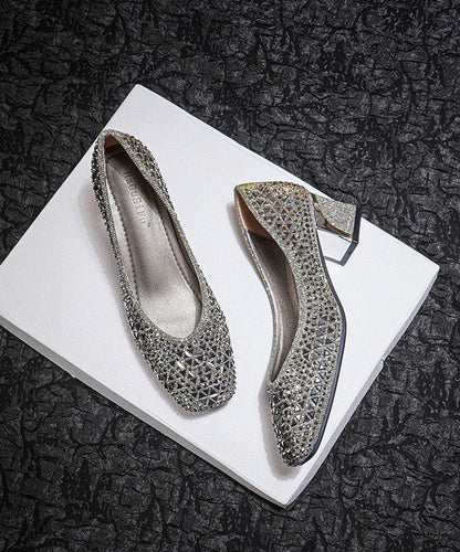 Classy Silver Zircon Chunky High Heels Faux Leather