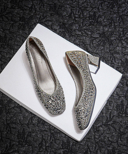 Classy Silver Zircon Chunky High Heels Faux Leather