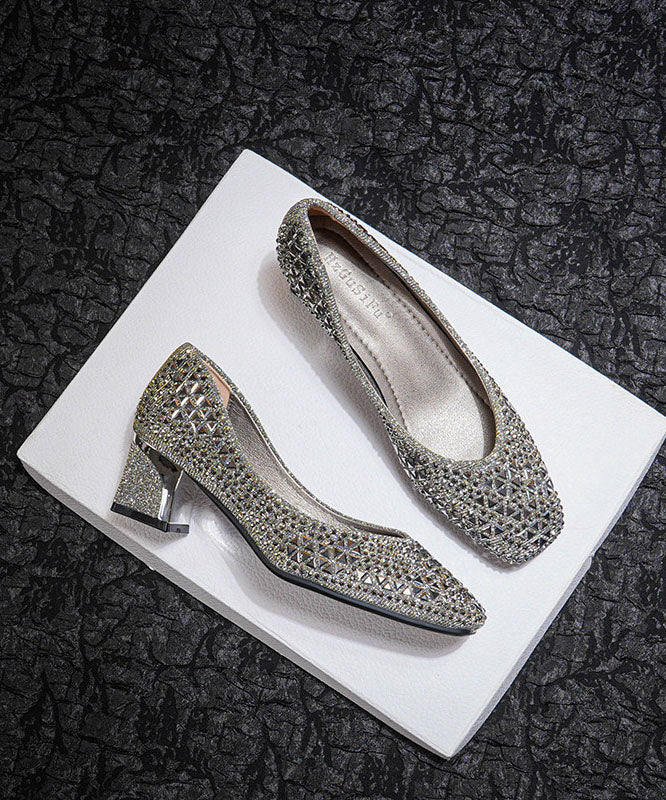 Classy Silver Zircon Chunky High Heels Faux Leather