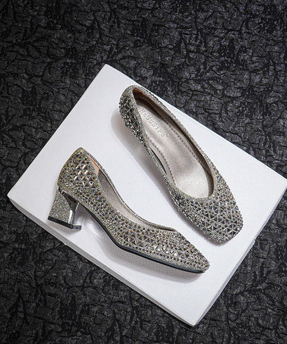 Classy Silver Zircon Chunky High Heels Faux Leather