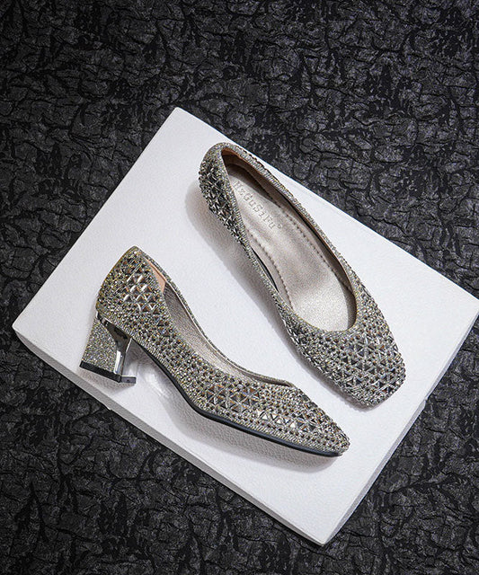 Classy Silver Zircon Chunky High Heels Faux Leather