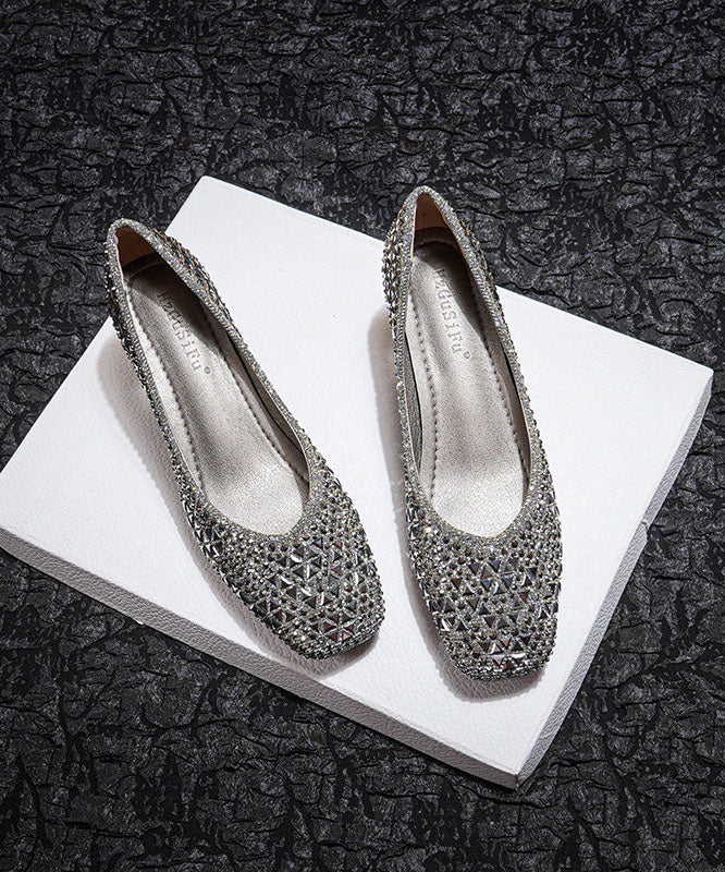 Classy Silver Zircon Chunky High Heels Faux Leather