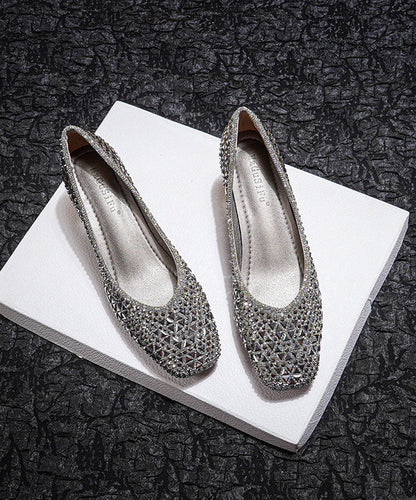 Classy Silver Zircon Chunky High Heels Faux Leather
